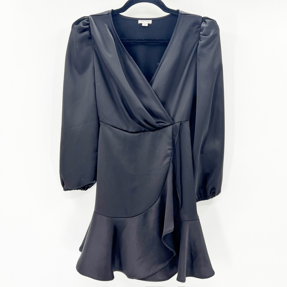 Habitual Girl Wrap Dress Girls Size 10 Black Excellent Satin‎ Ruffle Puff Sleeve